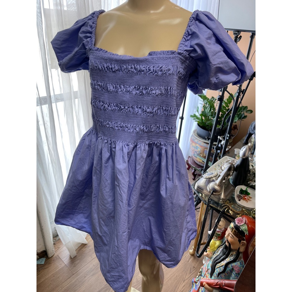 Scoop Periwinkle Purple Smocked Puff Sleeve Mini Dress with Pockets Large 12-14